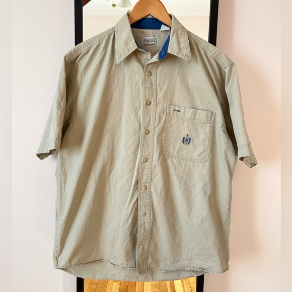 Vintage 90s Bugle Boy khaki cream tan button down short sleeve shirt earth tones - Picture 1 of 11